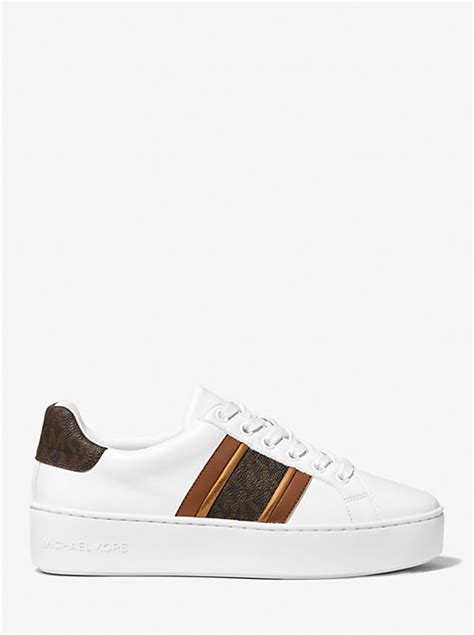 michael michael kors poppy faux leather and logo stripe sneakers|michael kors poppy shoes.